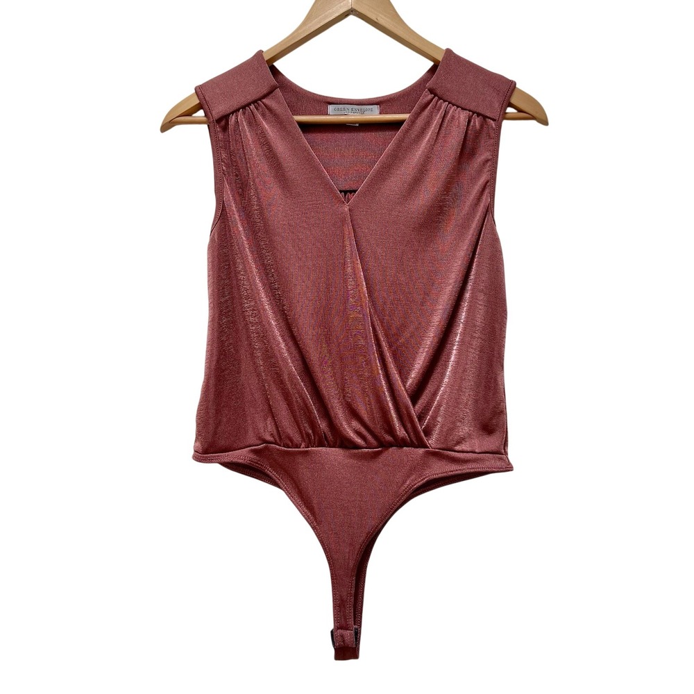 GREEN ENVELOPE Women's Rose Gold Metallic Faux Wrap Bodysuit Thong Snap Closure